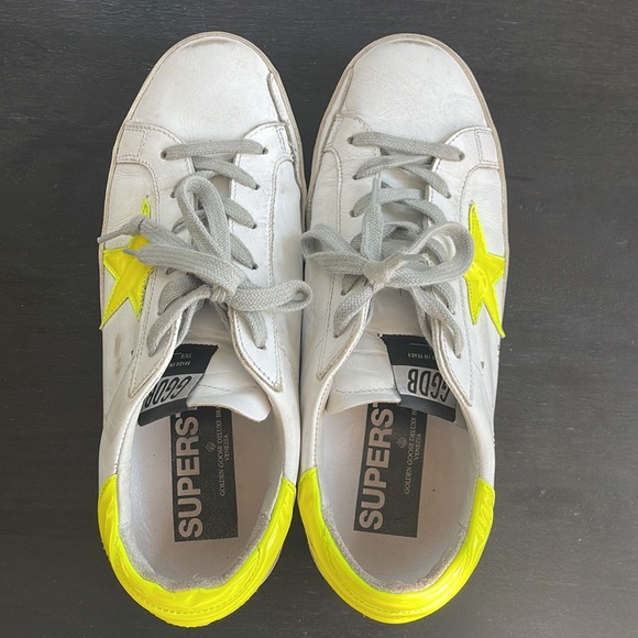 Golden Goose White Superstar Neon Yellow Star Sneakers - Picture 2 of 6